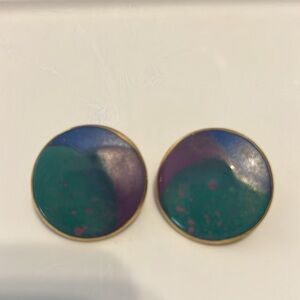Vintage Earrings green purple blue gold trim
